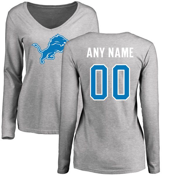 Women Detroit Lions Pro Line Ash Custom Name and Number Logo Slim Fit Long Sleeve NFL T-Shirt